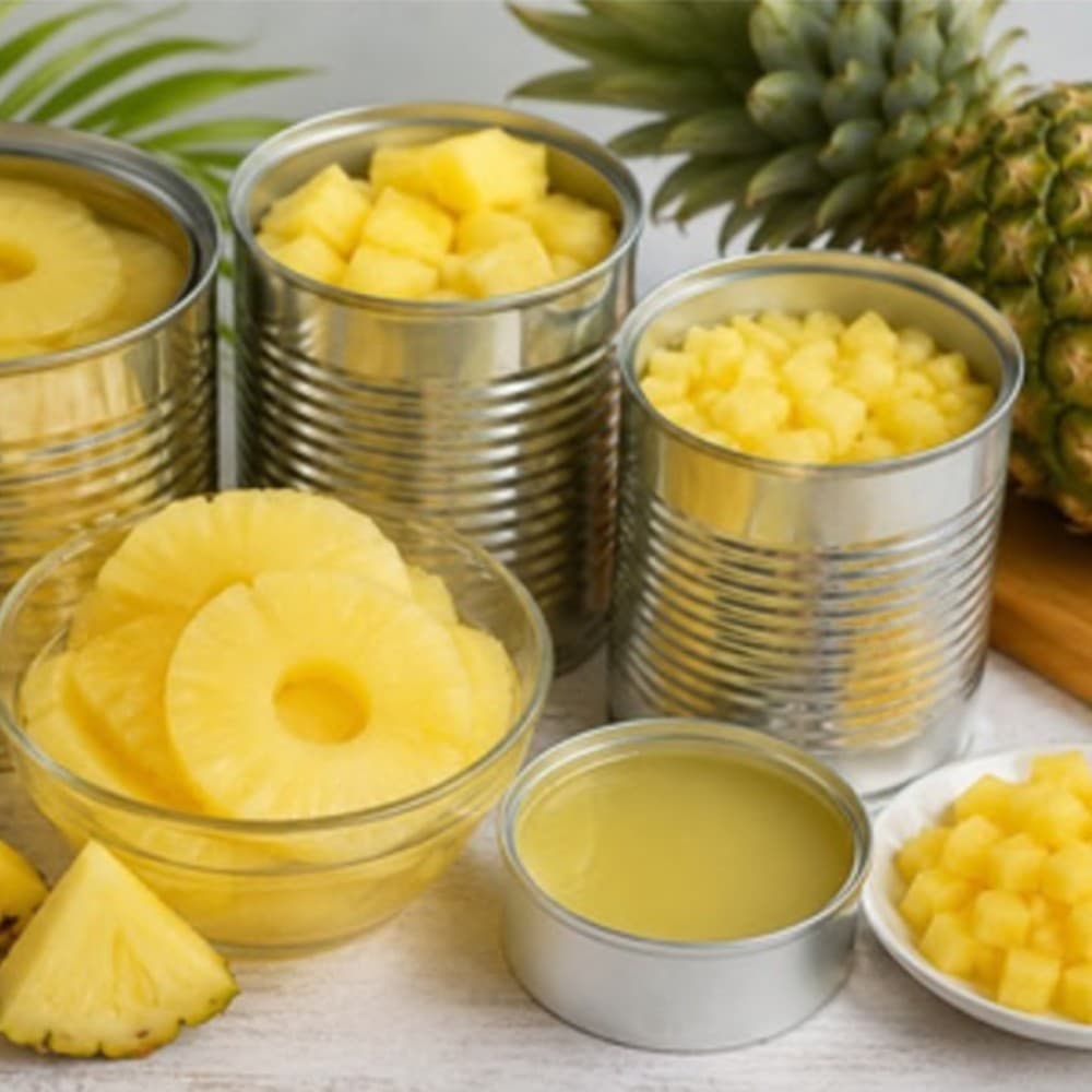 Canned pineapple chunks and rings with fresh pineapple