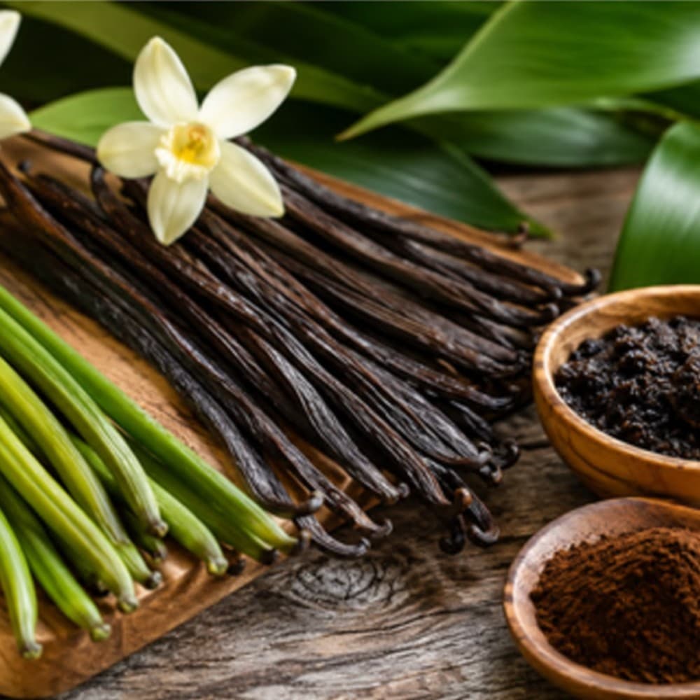 Fresh vanilla pods, orchid flower and vanilla seed paste
