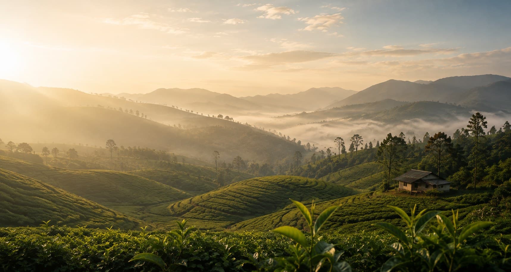 Mist rising over terraced tea gardens in Northeast India at sunrise