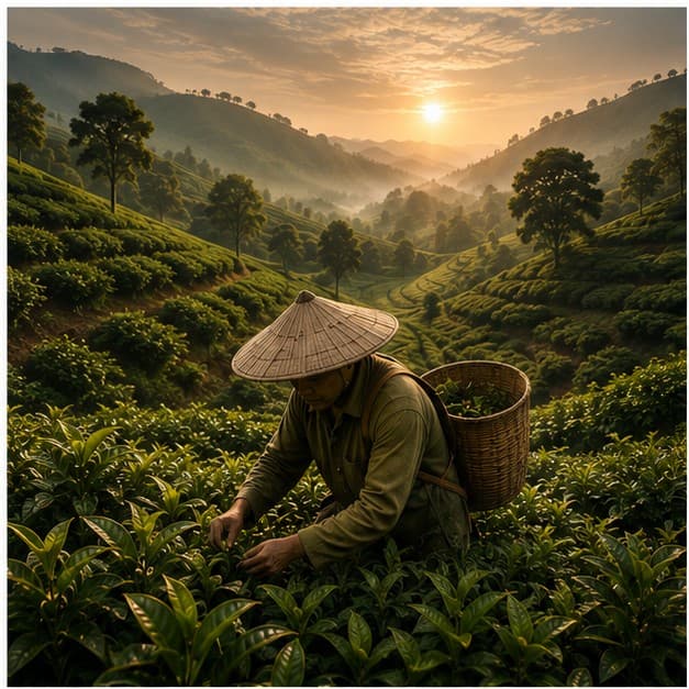 A picker harvesting tea leaves by hand on a Northeast India estate
