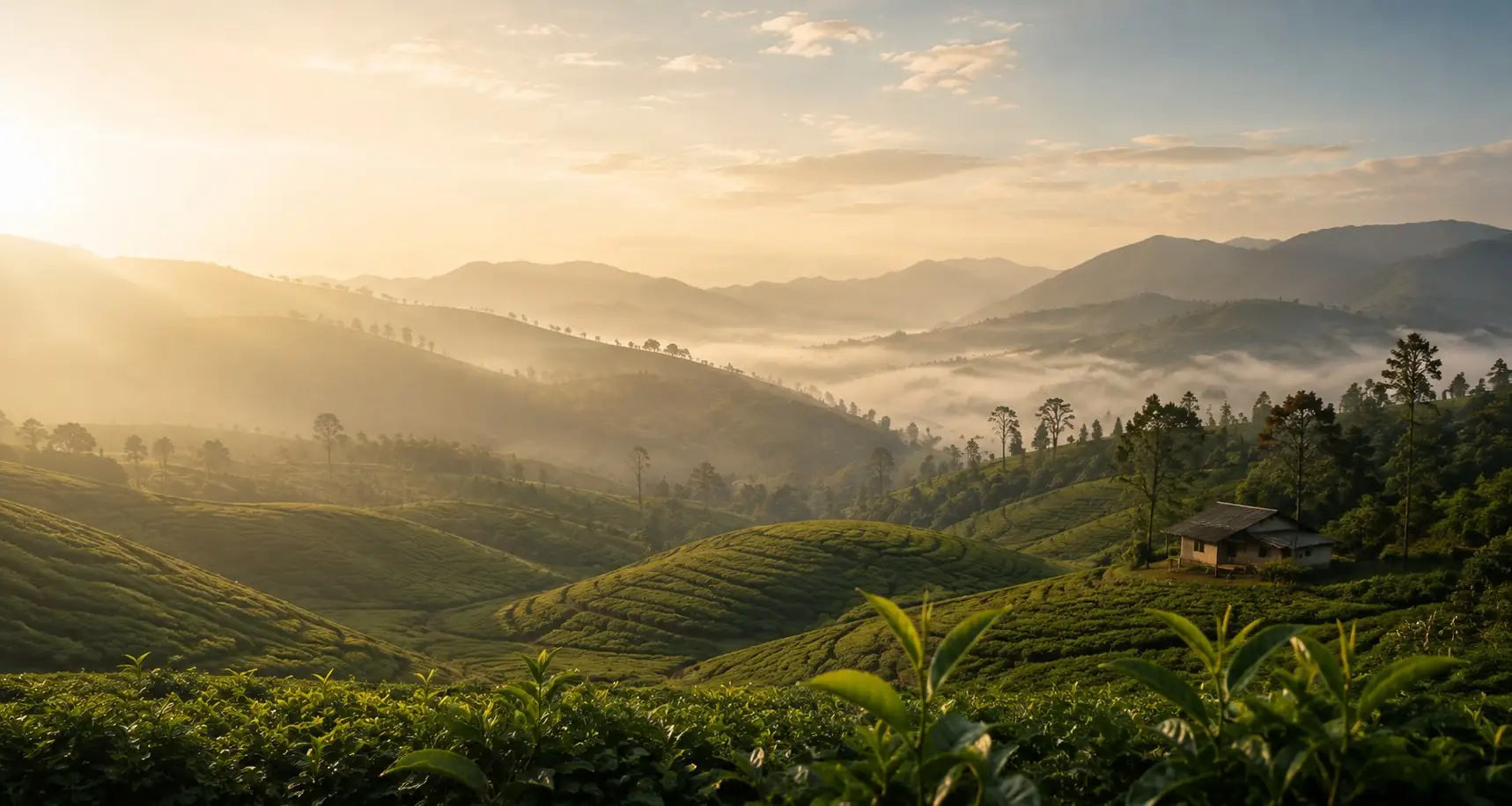 Mist rising over terraced tea gardens in Northeast India at sunrise