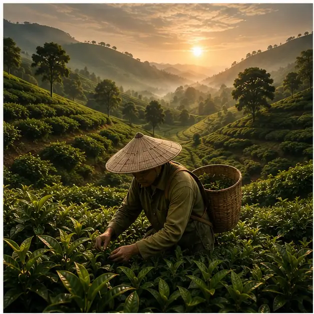 A picker harvesting tea leaves by hand on a Northeast India estate