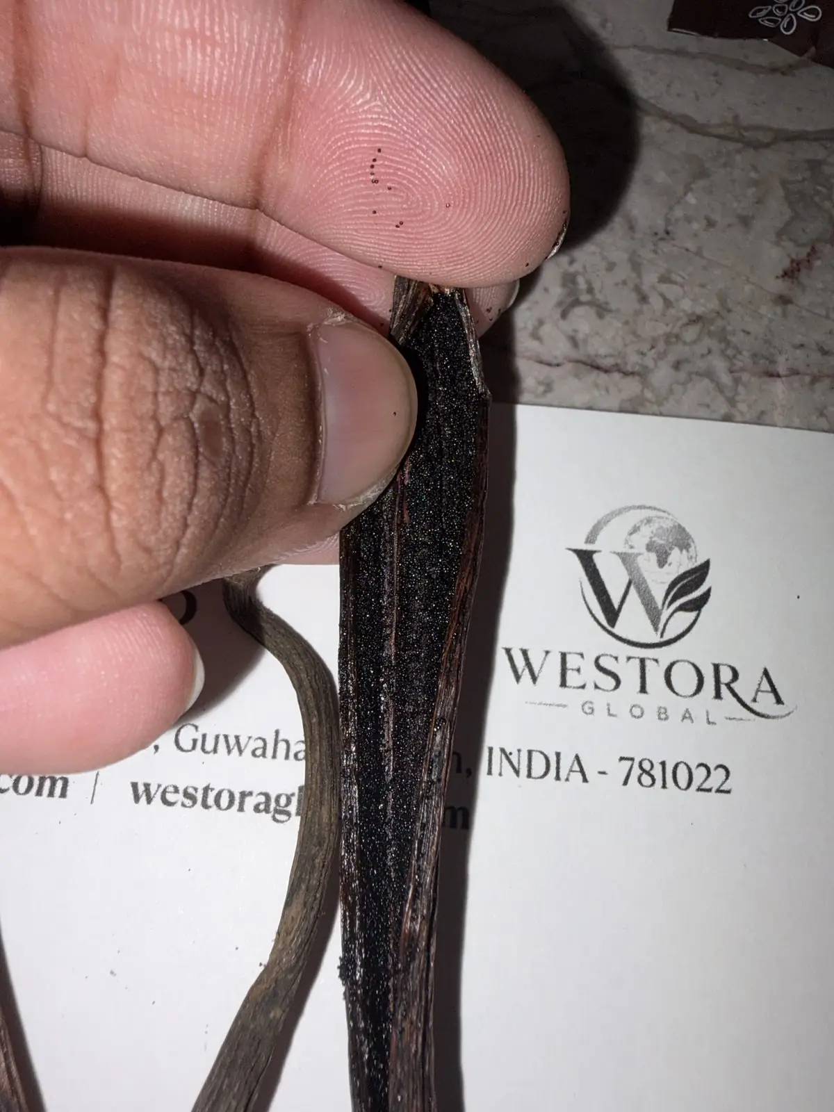 قرن مشقوق — لقطة قريبة للكافيار — Close-up of a split cured vanilla bean with dense vanilla seed paste