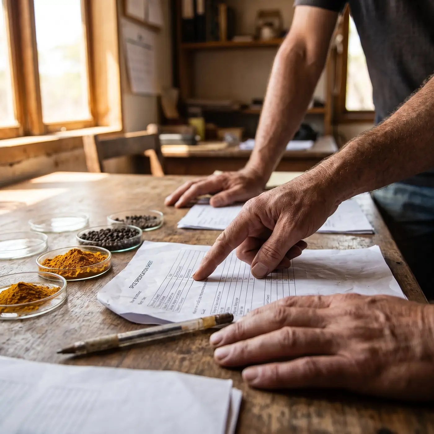 Two people reviewing a printed spice specification sheet at a workbench, dishes of turmeric and black pepper beside it