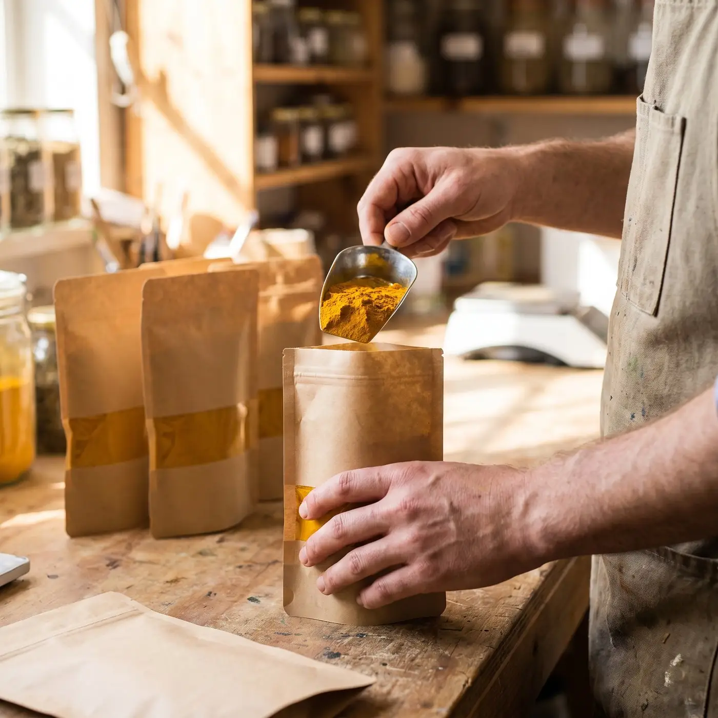 Kraft-paper sample pouches being filled with turmeric on a workbench